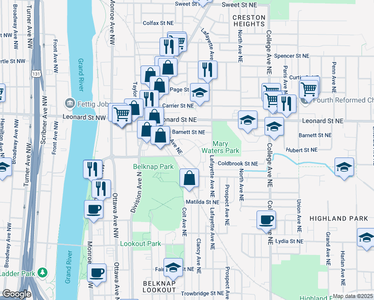map of restaurants, bars, coffee shops, grocery stores, and more near 175 Coldbrook Street Northeast in Grand Rapids
