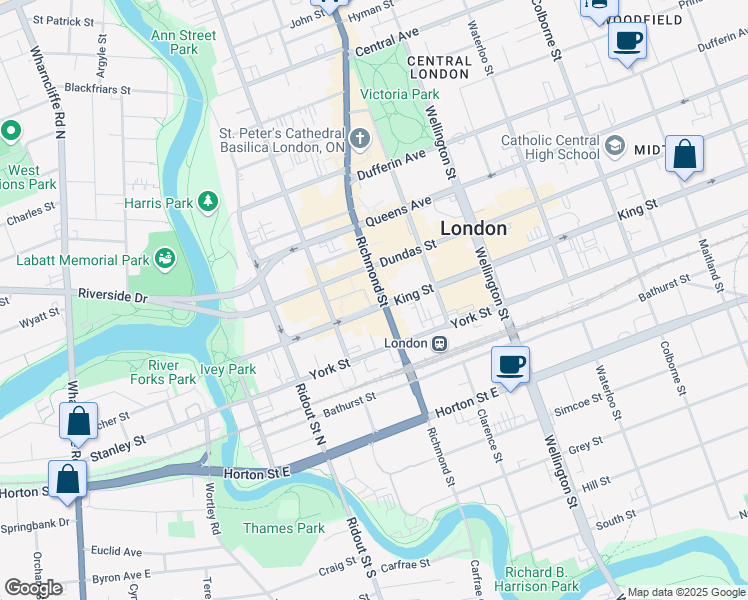 map of restaurants, bars, coffee shops, grocery stores, and more near in London