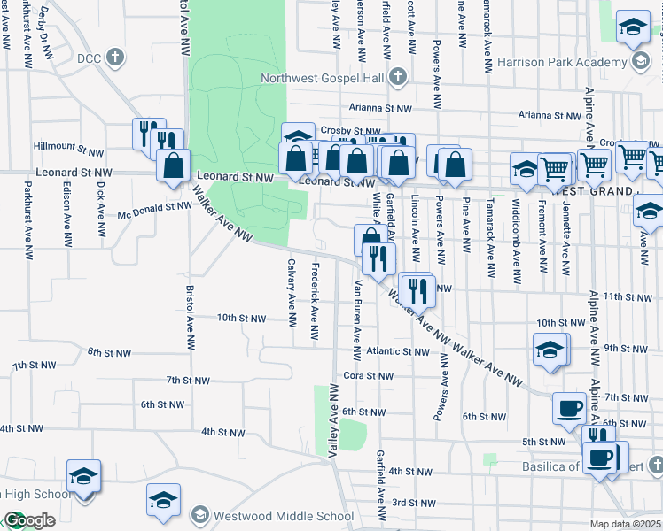 map of restaurants, bars, coffee shops, grocery stores, and more near 1014 Frederick Avenue Northwest in Grand Rapids