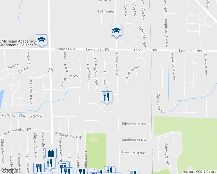 map of restaurants, bars, coffee shops, grocery stores, and more near 976 Thornwyk Drive Northwest in Grand Rapids