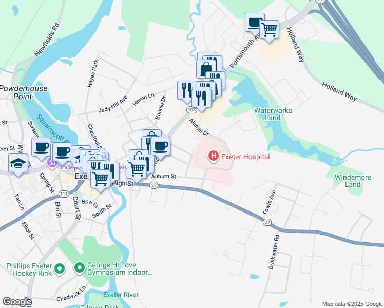 map of restaurants, bars, coffee shops, grocery stores, and more near 30 Magnolia Lane in Exeter