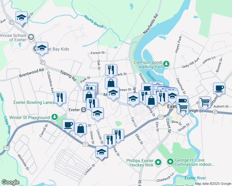 map of restaurants, bars, coffee shops, grocery stores, and more near 49 Main Street in Exeter