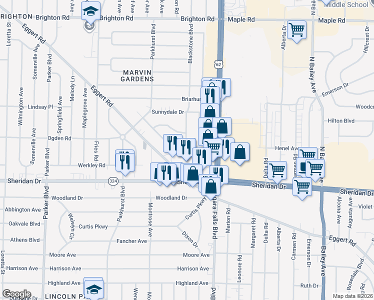 map of restaurants, bars, coffee shops, grocery stores, and more near 115 Rochelle Park in Tonawanda