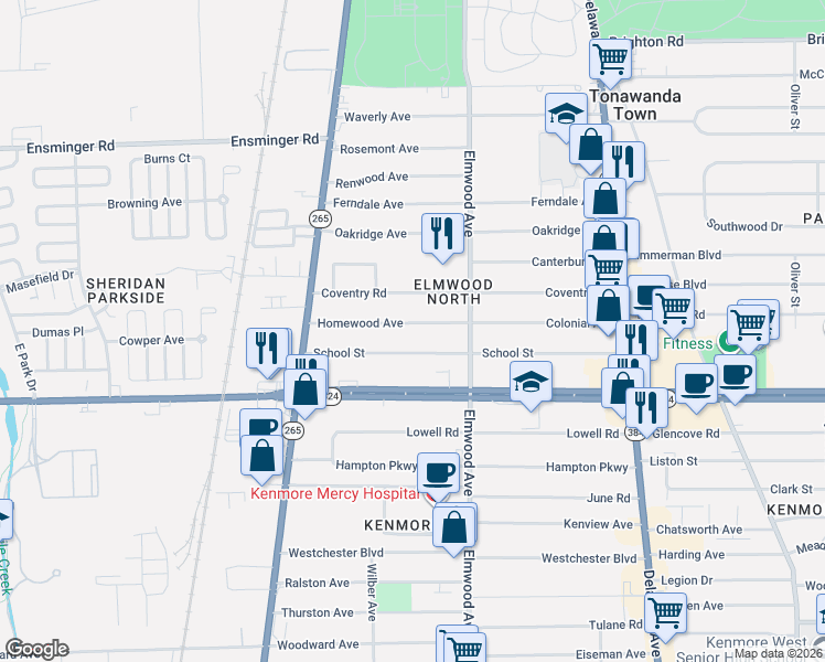 map of restaurants, bars, coffee shops, grocery stores, and more near 213 School Street in Buffalo