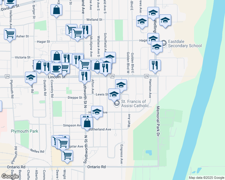map of restaurants, bars, coffee shops, grocery stores, and more near in Welland
