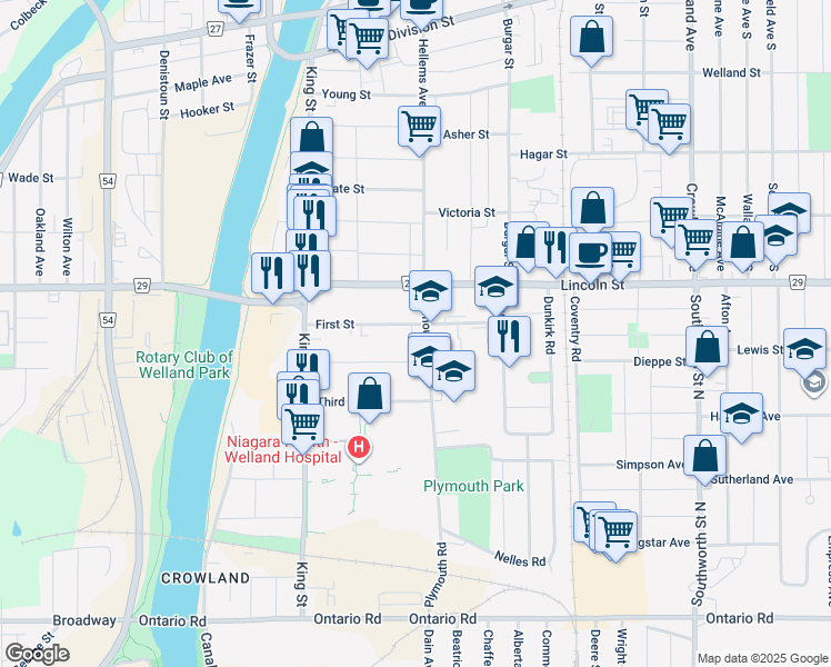 map of restaurants, bars, coffee shops, grocery stores, and more near in Welland