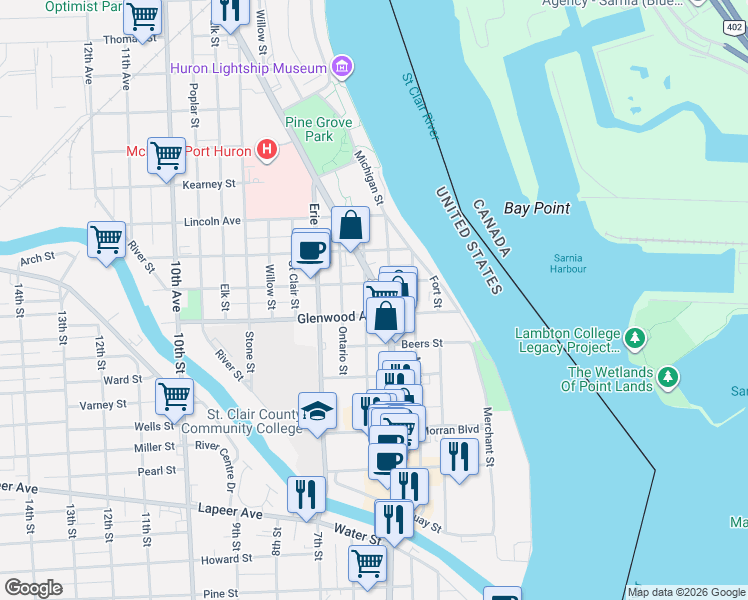 map of restaurants, bars, coffee shops, grocery stores, and more near 805 Pine Grove Avenue in Port Huron
