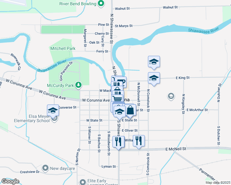 map of restaurants, bars, coffee shops, grocery stores, and more near 319 North Shiawassee Street in Corunna
