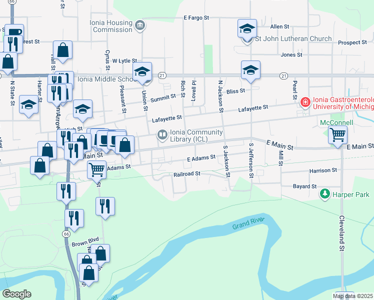 map of restaurants, bars, coffee shops, grocery stores, and more near 164 East Adams Street in Ionia
