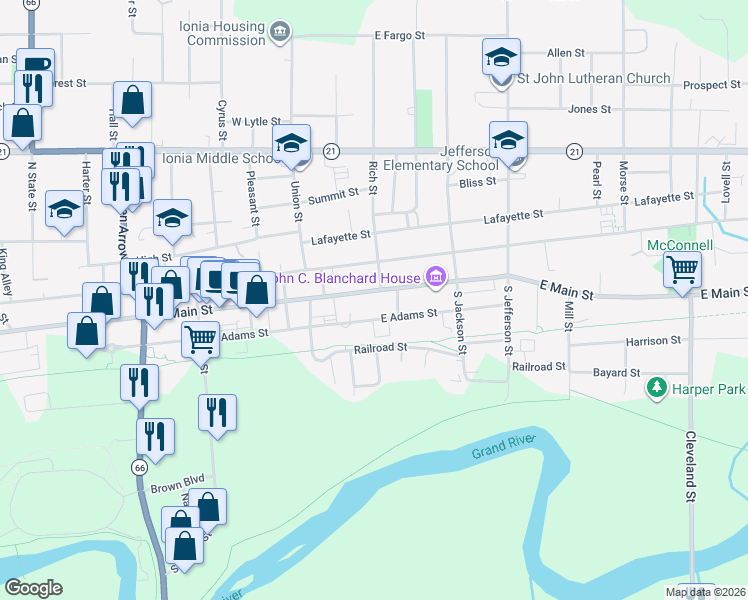 map of restaurants, bars, coffee shops, grocery stores, and more near 164 East Adams Street in Ionia
