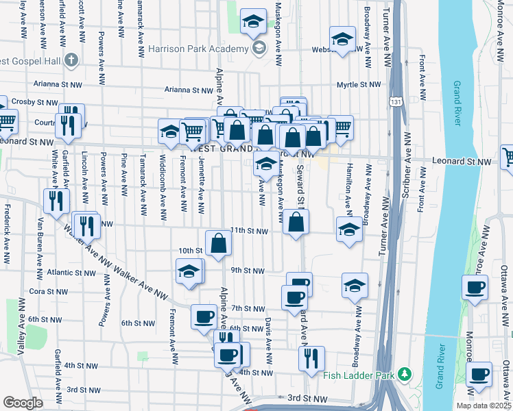 map of restaurants, bars, coffee shops, grocery stores, and more near 1033 Davis Avenue Northwest in Grand Rapids