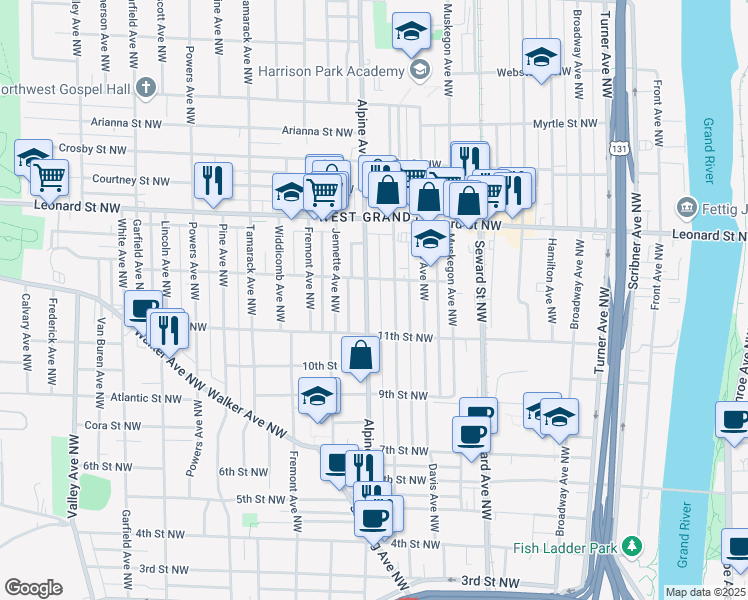 map of restaurants, bars, coffee shops, grocery stores, and more near 1028 Alpine Avenue Northwest in Grand Rapids