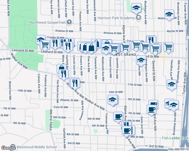 map of restaurants, bars, coffee shops, grocery stores, and more near 1018 Pine Avenue Northwest in Grand Rapids