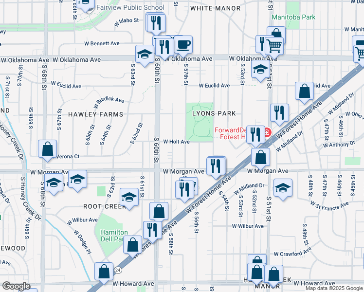 map of restaurants, bars, coffee shops, grocery stores, and more near 3417 South 57th Street in Milwaukee