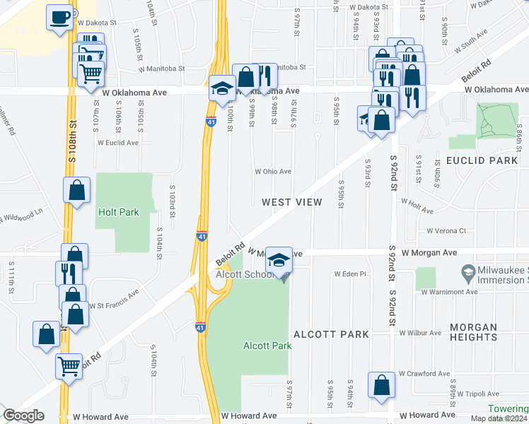 map of restaurants, bars, coffee shops, grocery stores, and more near 9804 Beloit Road in Milwaukee