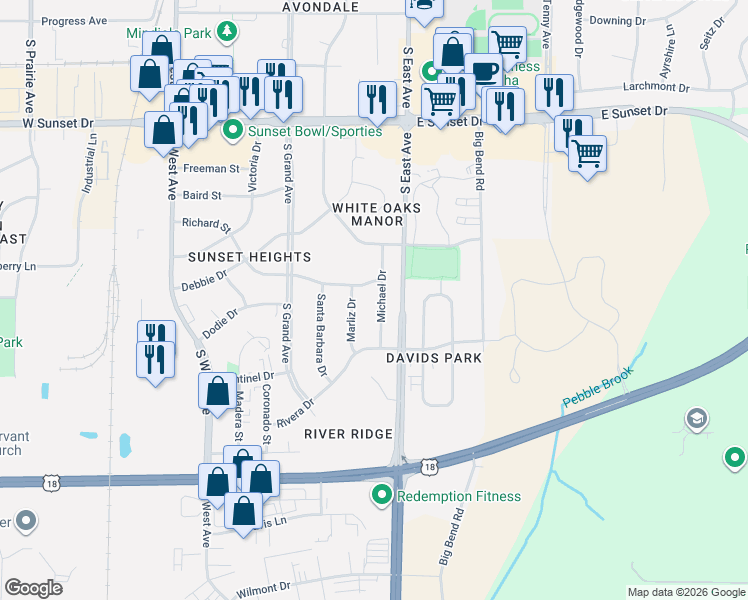 map of restaurants, bars, coffee shops, grocery stores, and more near 1800 Michael Drive in Waukesha