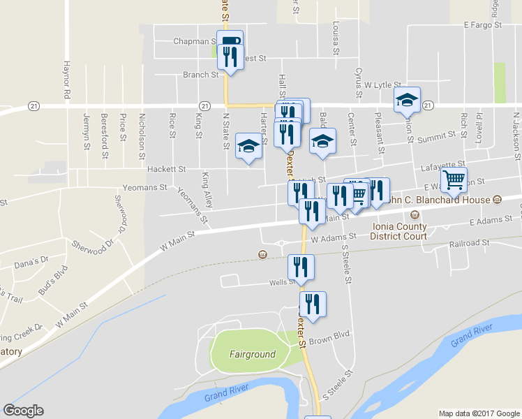map of restaurants, bars, coffee shops, grocery stores, and more near 623 West Washington Street in Ionia