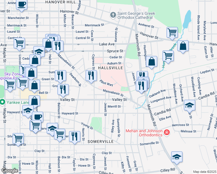 map of restaurants, bars, coffee shops, grocery stores, and more near 450 Massabesic Street in Manchester