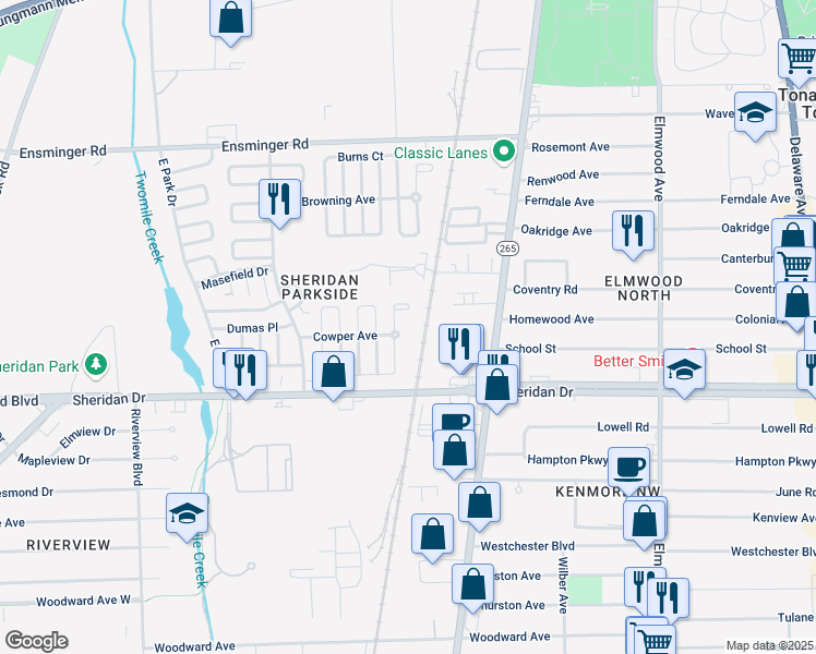 map of restaurants, bars, coffee shops, grocery stores, and more near 11-15 Cowper Avenue in Tonawanda