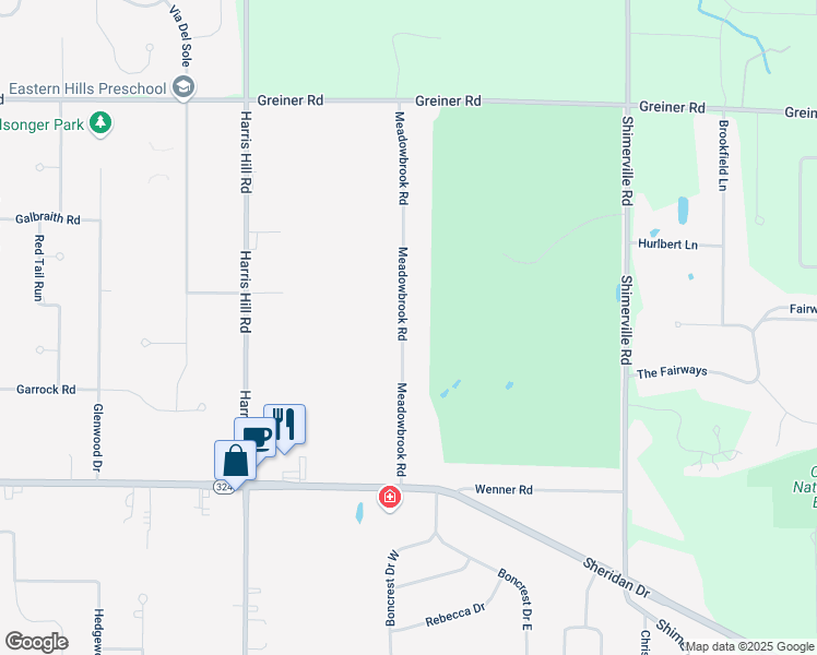 map of restaurants, bars, coffee shops, grocery stores, and more near 4971 Meadowbrook Road in Buffalo