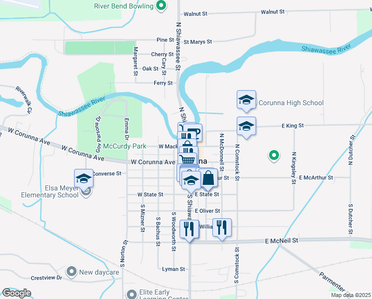 map of restaurants, bars, coffee shops, grocery stores, and more near 325 North Shiawassee Street in Corunna