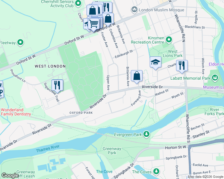 map of restaurants, bars, coffee shops, grocery stores, and more near 281 Riverside Drive in London