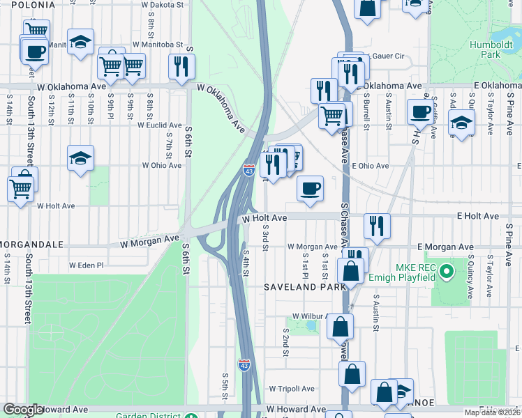 map of restaurants, bars, coffee shops, grocery stores, and more near 3349 South 3rd Street in Milwaukee