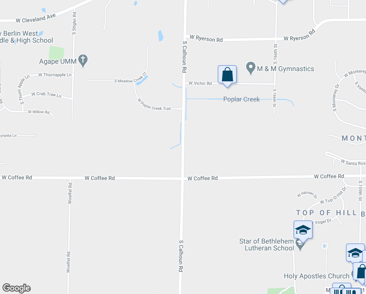 map of restaurants, bars, coffee shops, grocery stores, and more near South Calhoun Road in Waukesha County