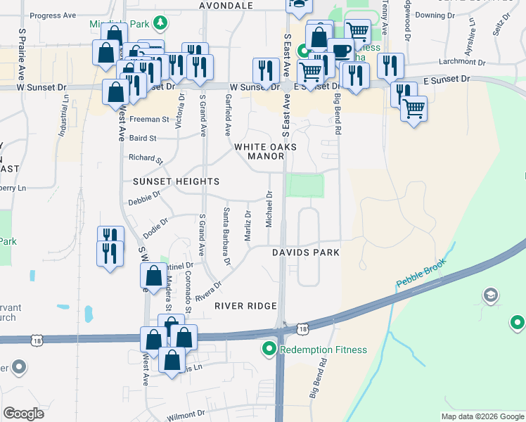 map of restaurants, bars, coffee shops, grocery stores, and more near 1800 Michael Drive in Waukesha