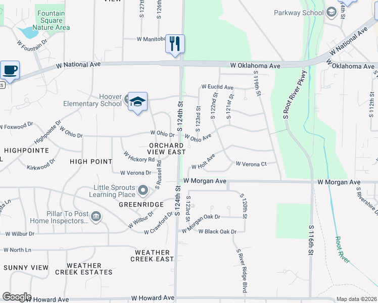 map of restaurants, bars, coffee shops, grocery stores, and more near 3397 Cooper Court in West Allis