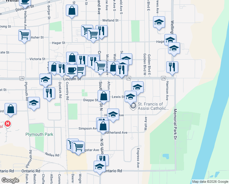 map of restaurants, bars, coffee shops, grocery stores, and more near 30 Balmoral Avenue in Welland