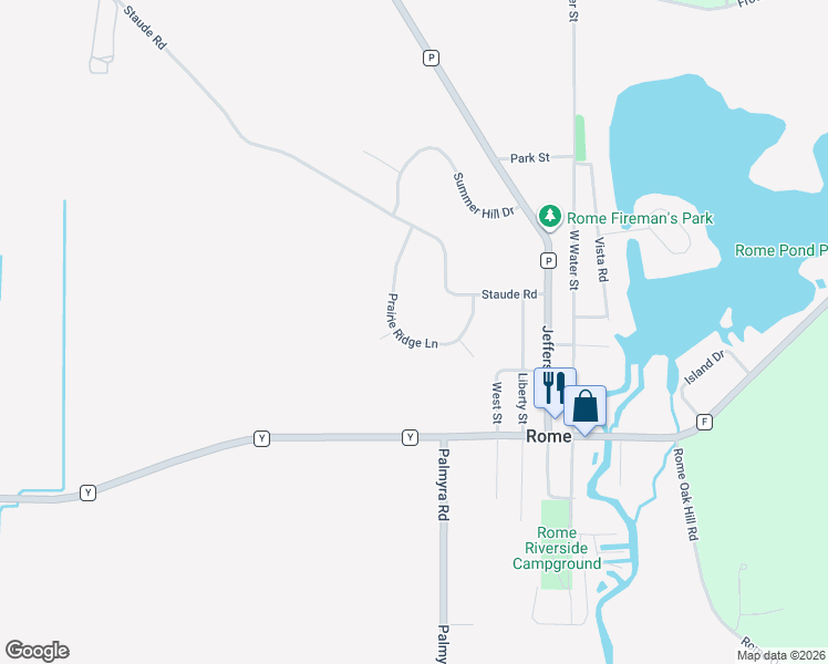map of restaurants, bars, coffee shops, grocery stores, and more near N3944 Prairie Ridge Lane in Helenville