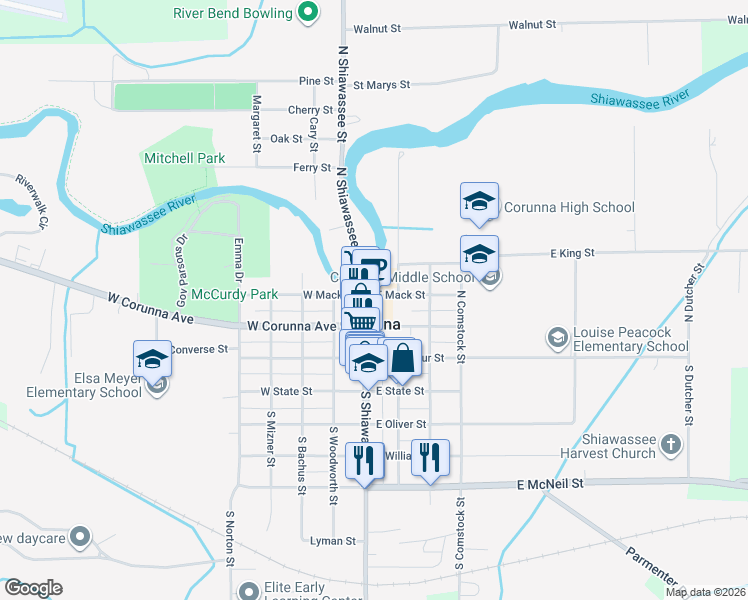map of restaurants, bars, coffee shops, grocery stores, and more near 330 North Shiawassee Street in Corunna