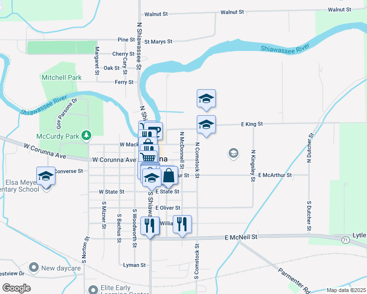 map of restaurants, bars, coffee shops, grocery stores, and more near 302 East Mack Street in Corunna
