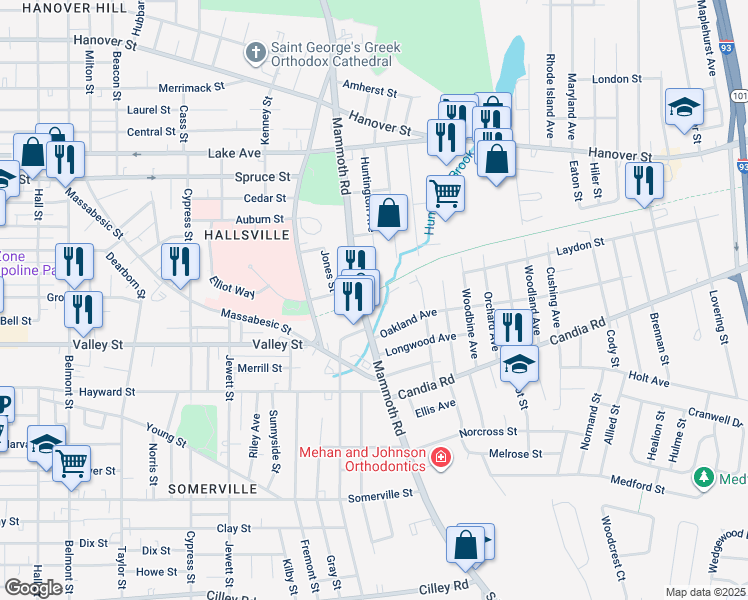 map of restaurants, bars, coffee shops, grocery stores, and more near 271 Mammoth Road in Manchester