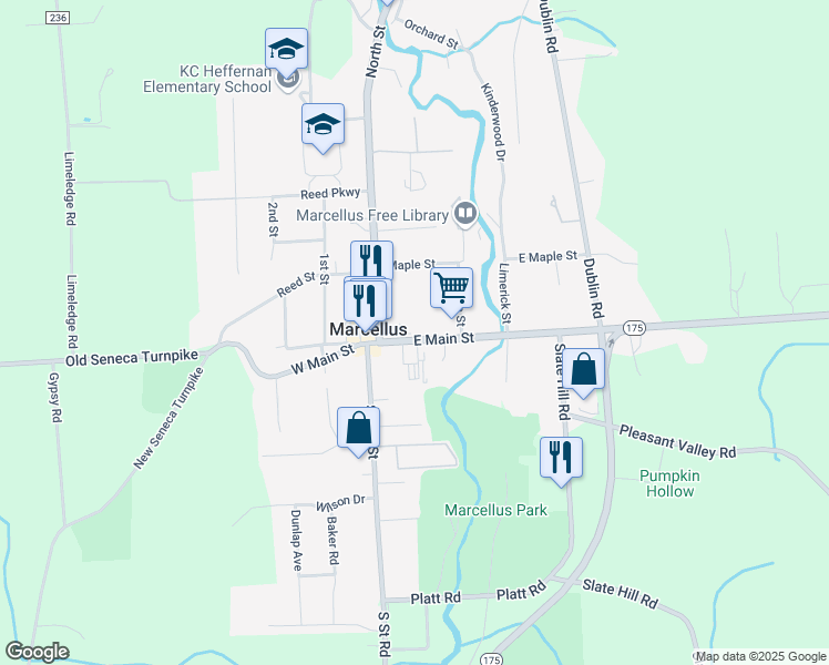 map of restaurants, bars, coffee shops, grocery stores, and more near 7 East Main Street in Marcellus