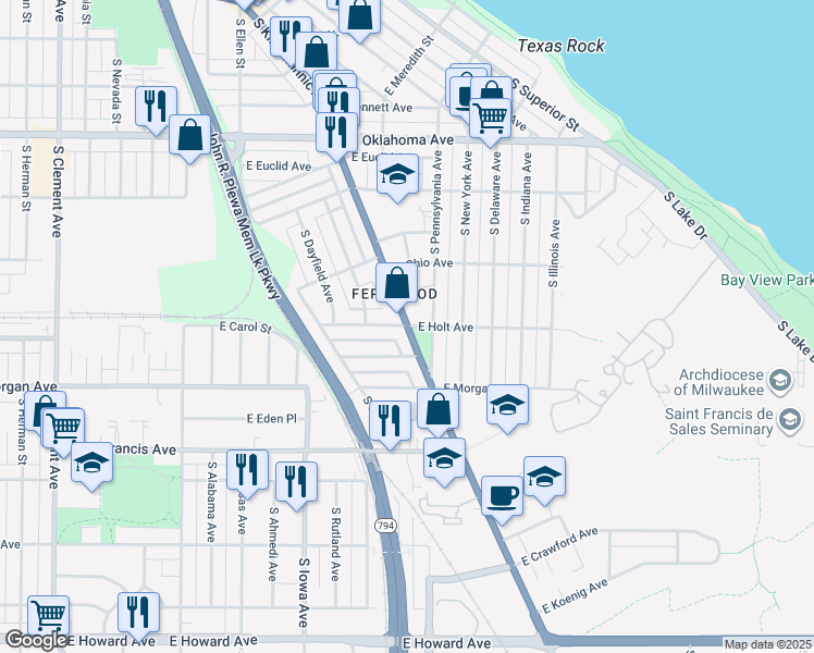 map of restaurants, bars, coffee shops, grocery stores, and more near S Kinnickinnic Ave & E Holt Ave in Milwaukee