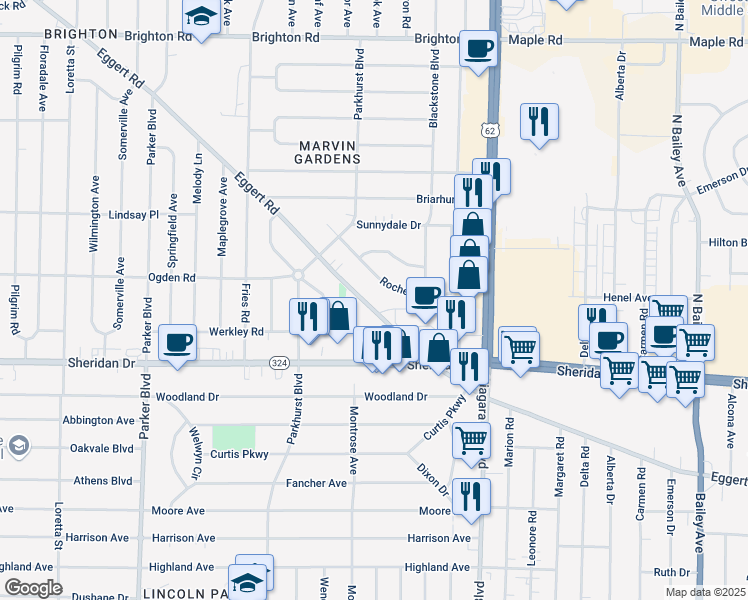map of restaurants, bars, coffee shops, grocery stores, and more near 2383 Eggert Road in Tonawanda