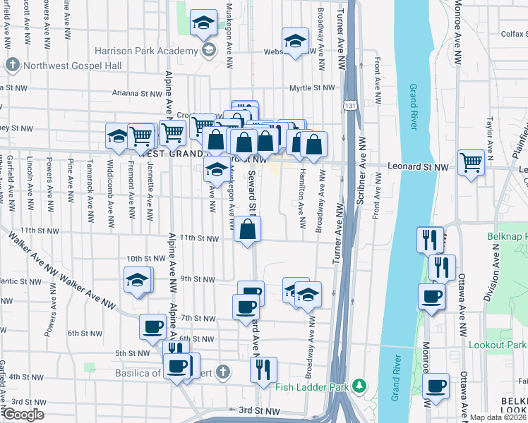 map of restaurants, bars, coffee shops, grocery stores, and more near 1058 Elizabeth Avenue Northwest in Grand Rapids