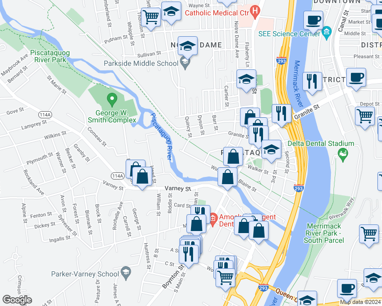 map of restaurants, bars, coffee shops, grocery stores, and more near 179 Winter Street in Manchester