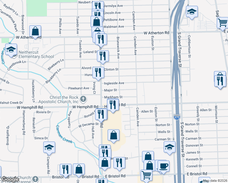 map of restaurants, bars, coffee shops, grocery stores, and more near 919 Major Street in Flint