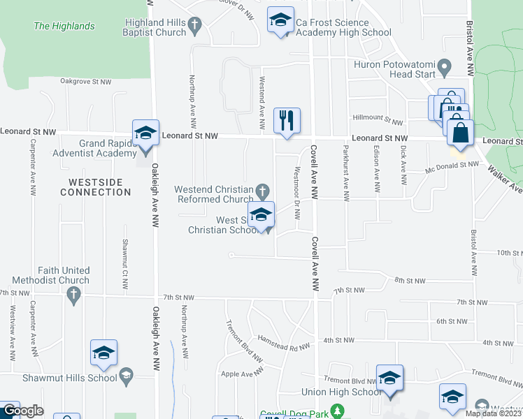 map of restaurants, bars, coffee shops, grocery stores, and more near 1015 Westend Avenue Northwest in Grand Rapids