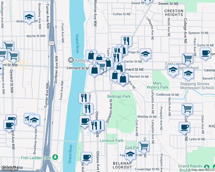 map of restaurants, bars, coffee shops, grocery stores, and more near 1115 Taylor Avenue North in Grand Rapids