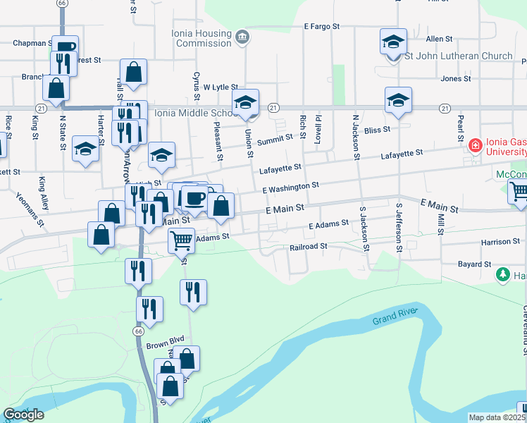 map of restaurants, bars, coffee shops, grocery stores, and more near 111 East Main Street in Ionia
