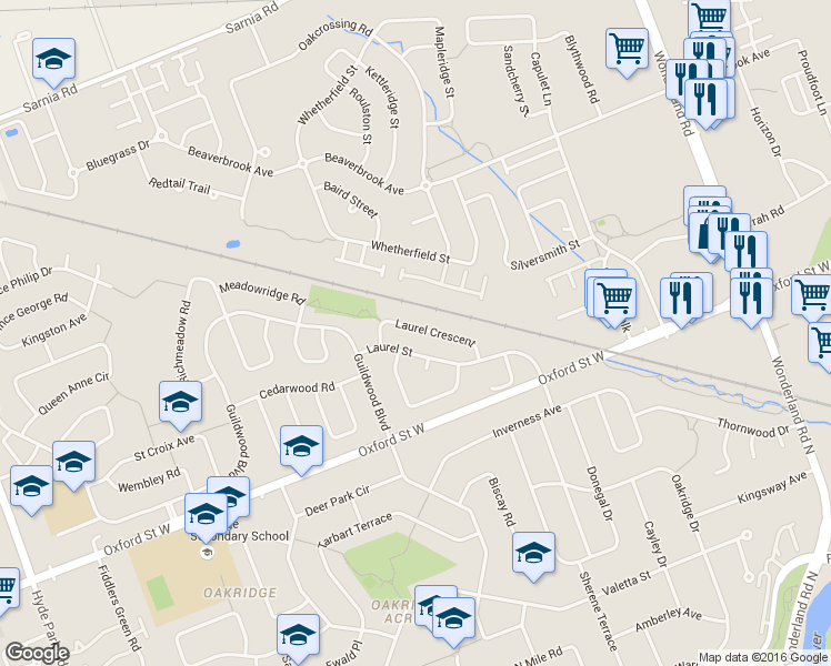 map of restaurants, bars, coffee shops, grocery stores, and more near 51 Laurel Crescent in London
