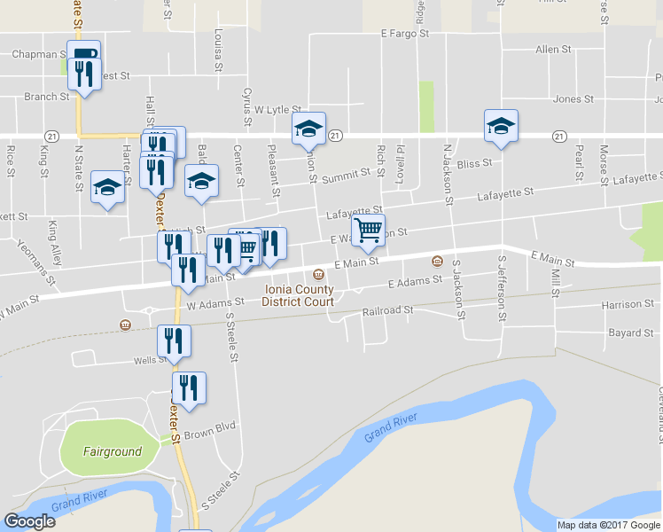 map of restaurants, bars, coffee shops, grocery stores, and more near 111 East Main Street in Ionia