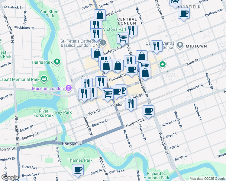 map of restaurants, bars, coffee shops, grocery stores, and more near in London
