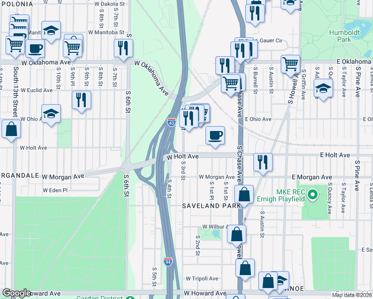 map of restaurants, bars, coffee shops, grocery stores, and more near 227 ADJ West Holt Avenue in Milwaukee