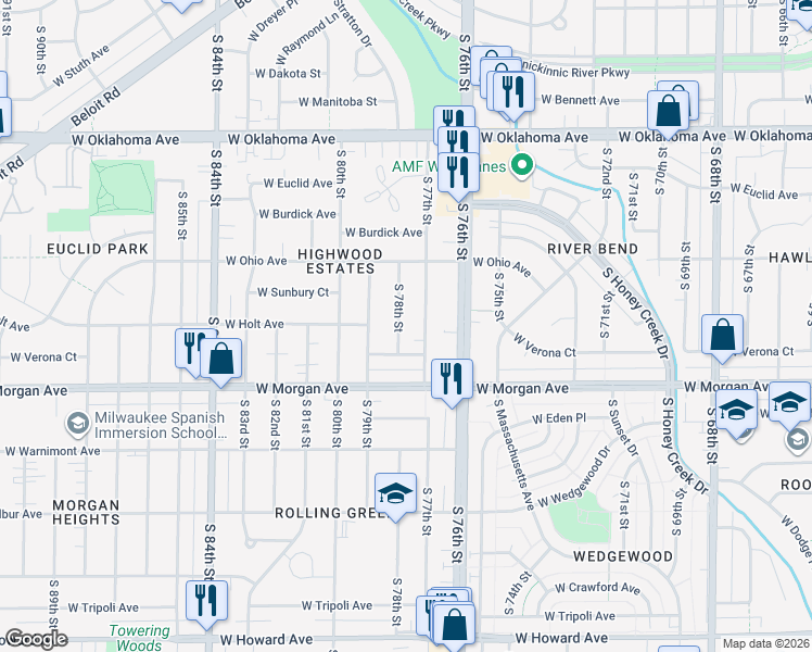 map of restaurants, bars, coffee shops, grocery stores, and more near 3415 South 77th Street in Milwaukee