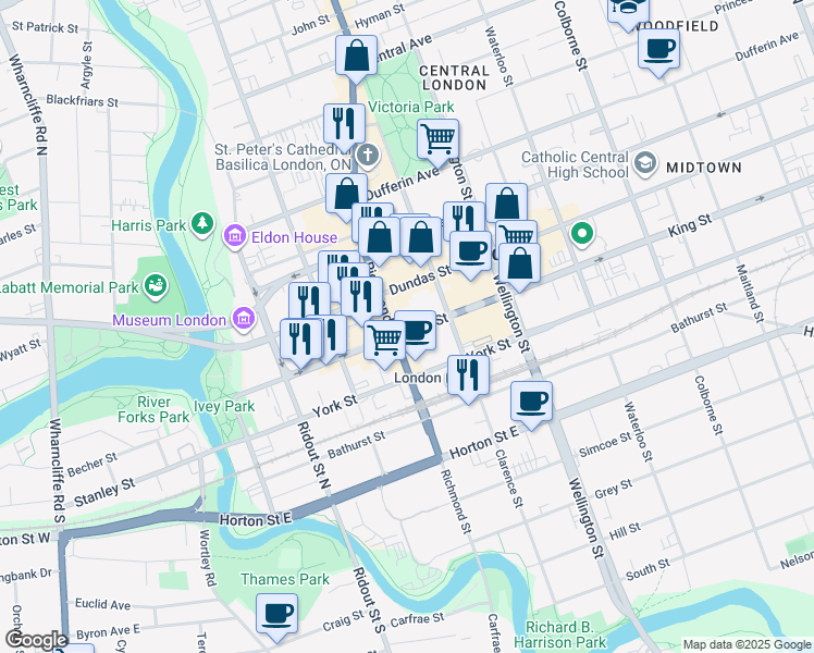 map of restaurants, bars, coffee shops, grocery stores, and more near in London